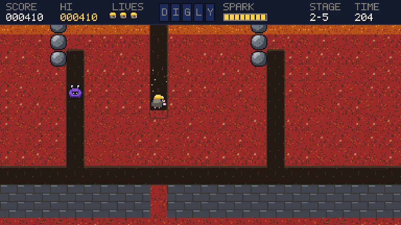 Digly: stacked boulders above the tunnels, with a monster closing in
