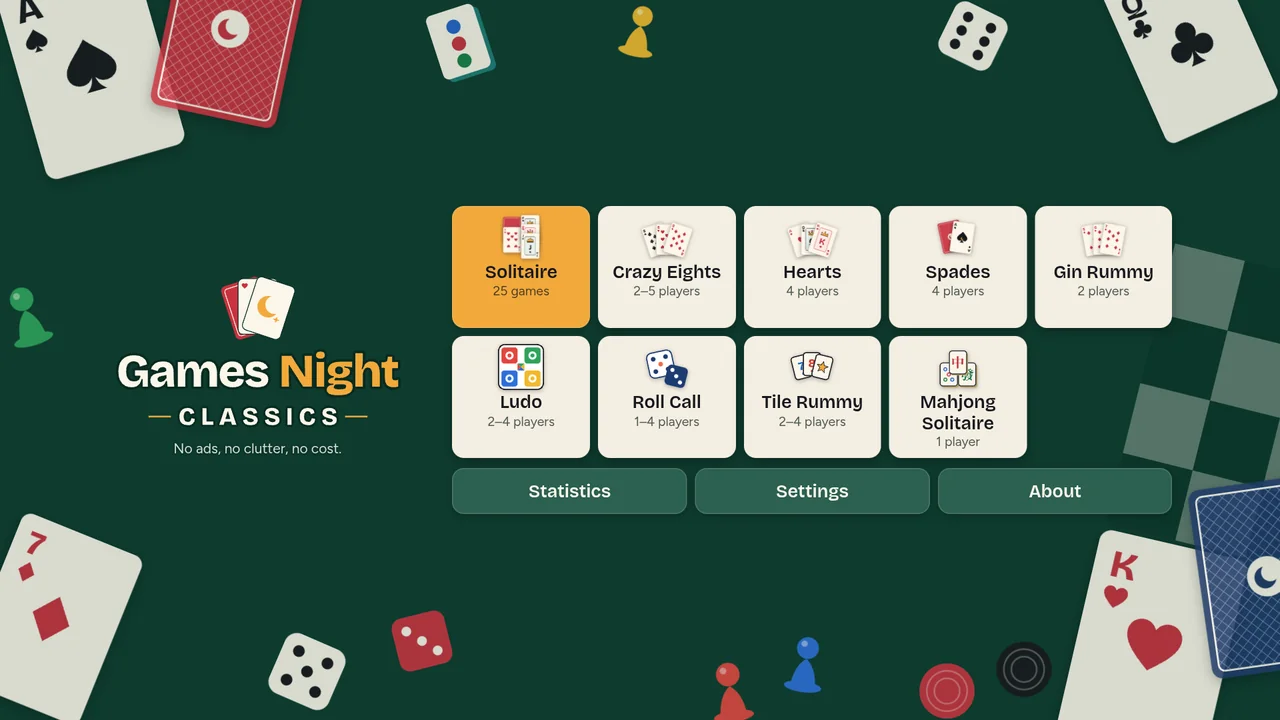 Games Night Classics: the home screen with every game