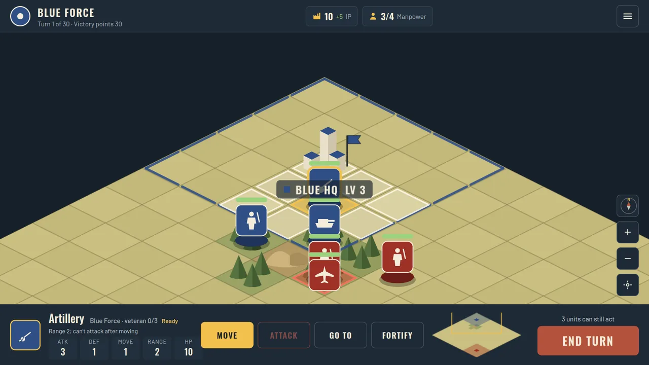 Theatre of War: an artillery unit selected, with red units in range